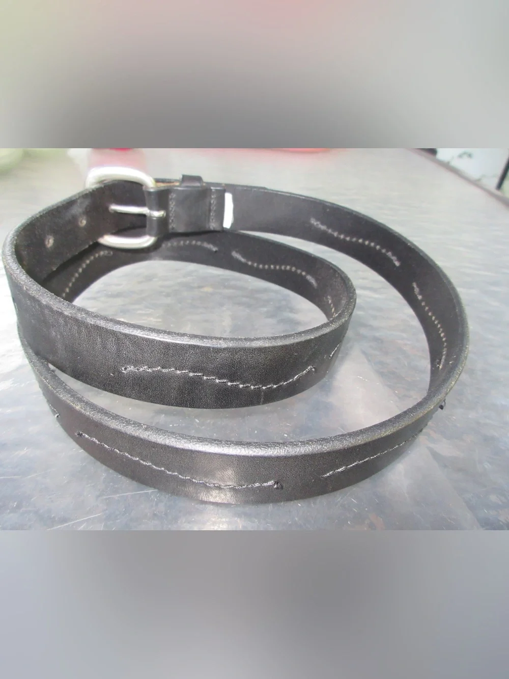 Eddie Bauer Black Leather Belt with Matte Silver Buckle 36-40”